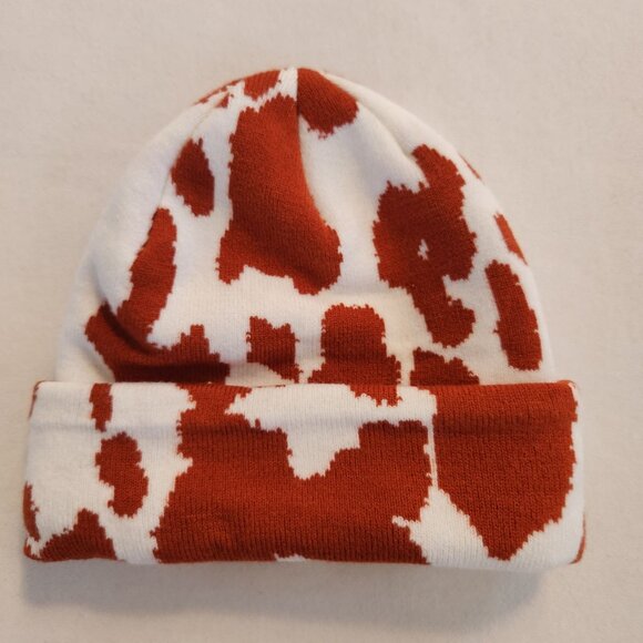 Hush Puppies Cow Print Knit Beanie Hat Rust & White Cowgirl Rodeo Texas Country - Picture 2 of 4